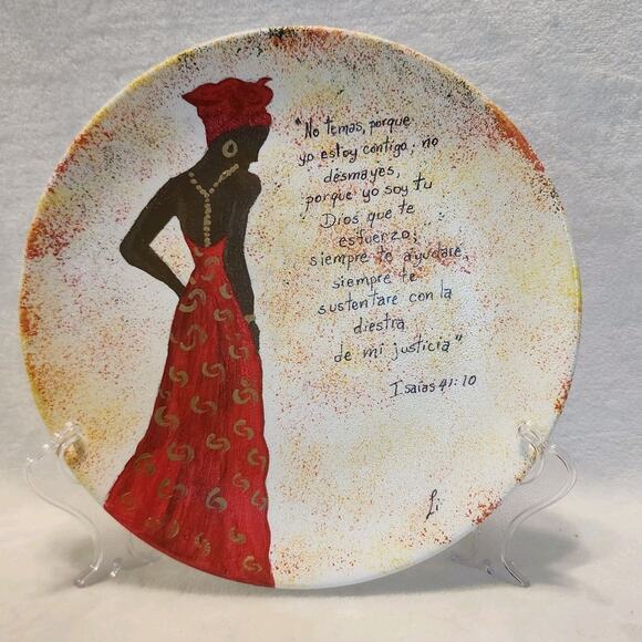 Hand Painted by Li Ceramic Plate Woman Of Color Red Dress Bible Verse Spanish - Picture 1 of 6